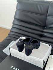 HIGH SLINGBACK IN NAVY BLUE TWEED AND BLACK LAMBSKIN