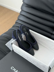 HIGH SLINGBACK IN NAVY BLUE TWEED AND BLACK LAMBSKIN