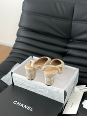 HIGH SLINGBACK IN BEIGE CREAM TWEED AND GOLDEN LAMBSKIN