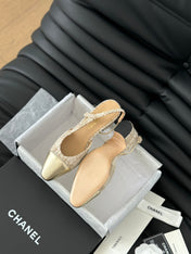HIGH SLINGBACK IN BEIGE CREAM TWEED AND GOLDEN LAMBSKIN