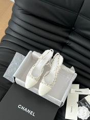 HIGH SLINGBACK IN WHITE TWEED AND LAMBSKIN
