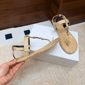 YSL 26S THONG SANDALS IN BEIGE RAFFIA AND CALFSKIN
