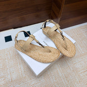 YSL 26S THONG SANDALS IN BEIGE RAFFIA AND CALFSKIN