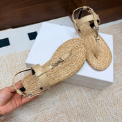 YSL 26S THONG SANDALS IN BEIGE RAFFIA AND CALFSKIN
