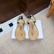 YSL 26S THONG SANDALS IN BEIGE RAFFIA AND CALFSKIN