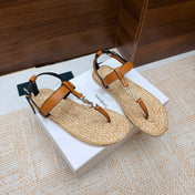 YSL 26S THONG SANDALS IN BEIGE RAFFIA AND LIGHT BROWN CALFSKIN