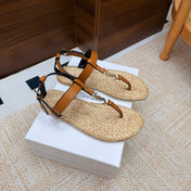 YSL 26S THONG SANDALS IN BEIGE RAFFIA AND LIGHT BROWN CALFSKIN