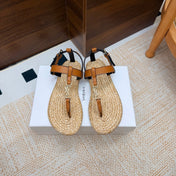 YSL 26S THONG SANDALS IN BEIGE RAFFIA AND LIGHT BROWN CALFSKIN