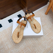 YSL 26S THONG SANDALS IN BEIGE RAFFIA AND LIGHT BROWN CALFSKIN