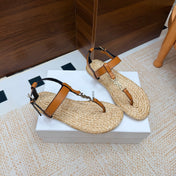 YSL 26S THONG SANDALS IN BEIGE RAFFIA AND LIGHT BROWN CALFSKIN