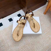 YSL 26S THONG SANDALS IN BEIGE RAFFIA AND METALLIC BRONZE CALFSKIN