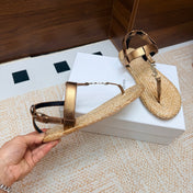 YSL 26S THONG SANDALS IN BEIGE RAFFIA AND METALLIC BRONZE CALFSKIN