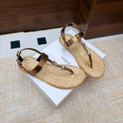 YSL 26S THONG SANDALS IN BEIGE RAFFIA AND METALLIC BRONZE CALFSKIN