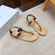 YSL 26S THONG SANDALS IN BEIGE RAFFIA AND METALLIC BRONZE CALFSKIN
