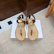 YSL 26S THONG SANDALS IN BEIGE RAFFIA AND METALLIC BRONZE CALFSKIN
