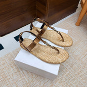 YSL 26S THONG SANDALS IN BEIGE RAFFIA AND METALLIC BRONZE CALFSKIN