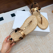 YSL 26S THONG SANDALS IN BEIGE RAFFIA AND METALLIC BRONZE CALFSKIN