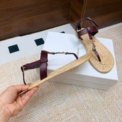 YSL 26S THONG SANDALS IN BEIGE RAFFIA AND BURGUNDY CALFSKIN