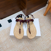 YSL 26S THONG SANDALS IN BEIGE RAFFIA AND BURGUNDY CALFSKIN