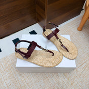 YSL 26S THONG SANDALS IN BEIGE RAFFIA AND BURGUNDY CALFSKIN