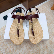 YSL 26S THONG SANDALS IN BEIGE RAFFIA AND BURGUNDY CALFSKIN