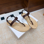 YSL 26S THONG SANDALS IN BEIGE RAFFIA AND DARK BROWN CALFSKIN