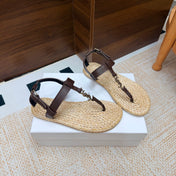YSL 26S THONG SANDALS IN BEIGE RAFFIA AND DARK BROWN CALFSKIN