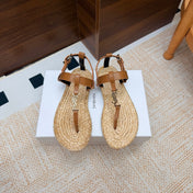 YSL 26S THONG SANDALS IN BEIGE RAFFIA AND BROWN CALFSKIN