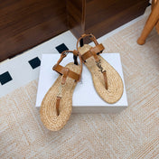 YSL 26S THONG SANDALS IN BEIGE RAFFIA AND BROWN CALFSKIN