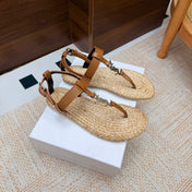 YSL 26S THONG SANDALS IN BEIGE RAFFIA AND BROWN CALFSKIN