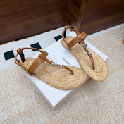 YSL 26S THONG SANDALS IN BEIGE RAFFIA AND BROWN CALFSKIN
