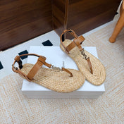 YSL 26S THONG SANDALS IN BEIGE RAFFIA AND BROWN CALFSKIN