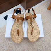 YSL 26S THONG SANDALS IN BEIGE RAFFIA AND BROWN CALFSKIN