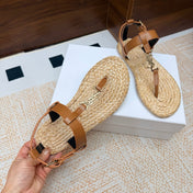 YSL 26S THONG SANDALS IN BEIGE RAFFIA AND BROWN CALFSKIN