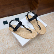 YSL 26S THONG SANDALS IN BEIGE RAFFIA AND BLACK CALFSKIN