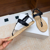 YSL 26S THONG SANDALS IN BEIGE RAFFIA AND BLACK CALFSKIN