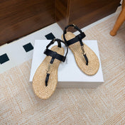 YSL 26S THONG SANDALS IN BEIGE RAFFIA AND BLACK CALFSKIN