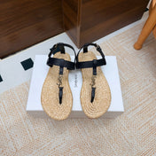 YSL 26S THONG SANDALS IN BEIGE RAFFIA AND BLACK CALFSKIN