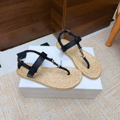 YSL 26S THONG SANDALS IN BEIGE RAFFIA AND BLACK CALFSKIN