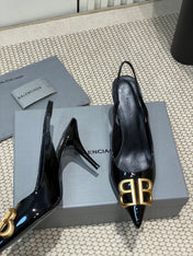 POINTED BB GOLD BUCKLE HIGH SLINGBACK 80MM IN BLACK PATENT CALFSKIN