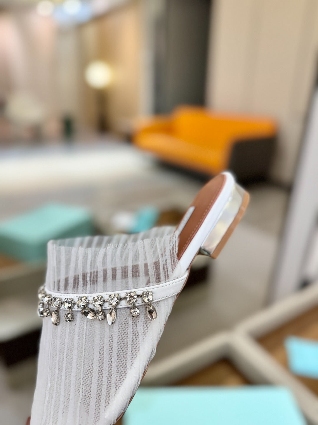AQUAZZURA 26S FLAT MULES IN WHITE MESH CRYSTAL EMBELLISHMENTS