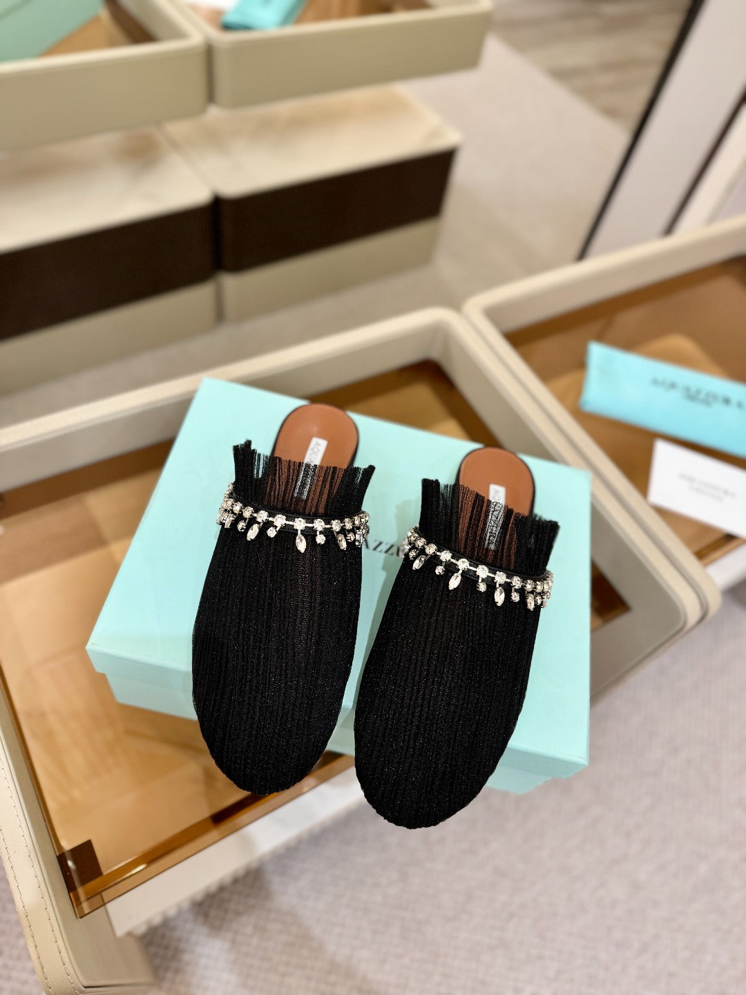 AQUAZZURA 26S FLAT MULES IN BLACK MESH CRYSTAL EMBELLISHMENTS
