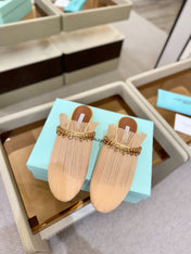 AQUAZZURA 26S FLAT MULES IN BEIGE MESH CRYSTAL EMBELLISHMENTS