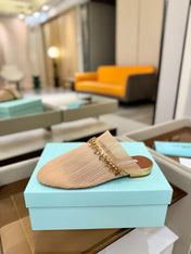 AQUAZZURA 26S FLAT MULES IN BEIGE MESH CRYSTAL EMBELLISHMENTS