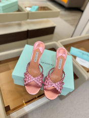 AQUAZZURA 26S TEQUILA HEELED SANDALS 85 MM IN METALLIC PINK LAMBSKIN