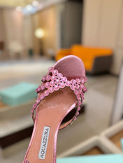 AQUAZZURA 26S TEQUILA HEELED SANDALS 85 MM IN METALLIC PINK LAMBSKIN