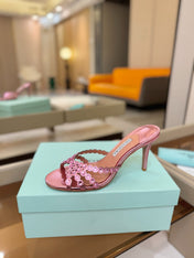 AQUAZZURA 26S TEQUILA HEELED SANDALS 85 MM IN METALLIC PINK LAMBSKIN