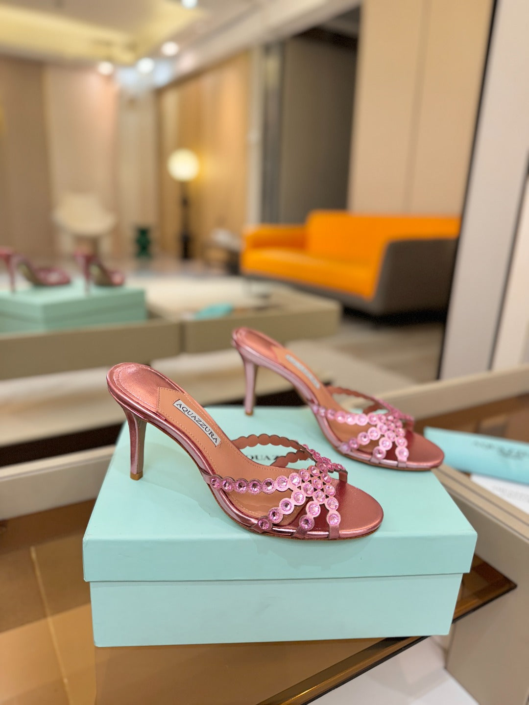 AQUAZZURA 26S TEQUILA HEELED SANDALS 85 MM IN METALLIC PINK LAMBSKIN