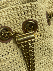 DRAWSTRING BUCKET BAG 19 IN BEIGE WOVEN RAFFIA AND CALFSKIN