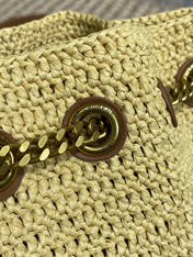 DRAWSTRING BUCKET BAG 19 IN BEIGE WOVEN RAFFIA AND CALFSKIN